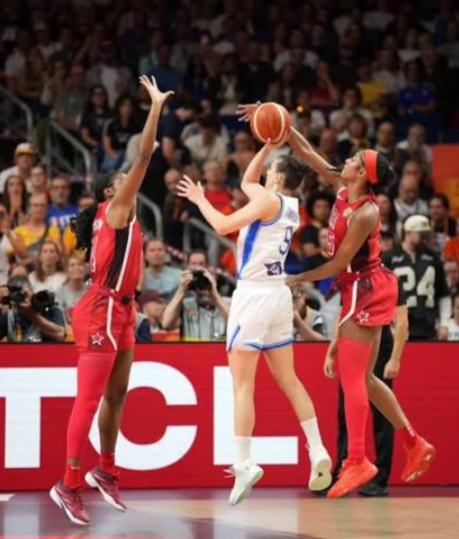 Angel Reese defending during FIBA Women's World Cup game