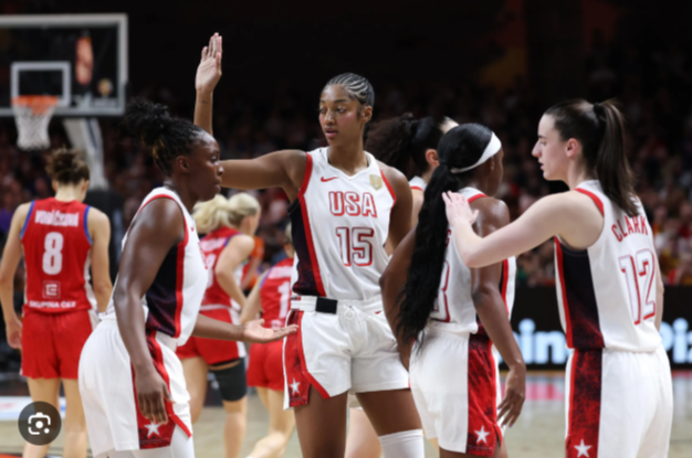 Team USA players high-fiving on the court during the FIBA World Cup